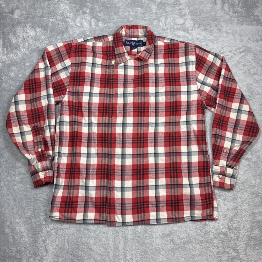 Vintage Ralph‎ Lauren Flannel Shirt Women 8 Red Single Button Asymmetrical Wrap